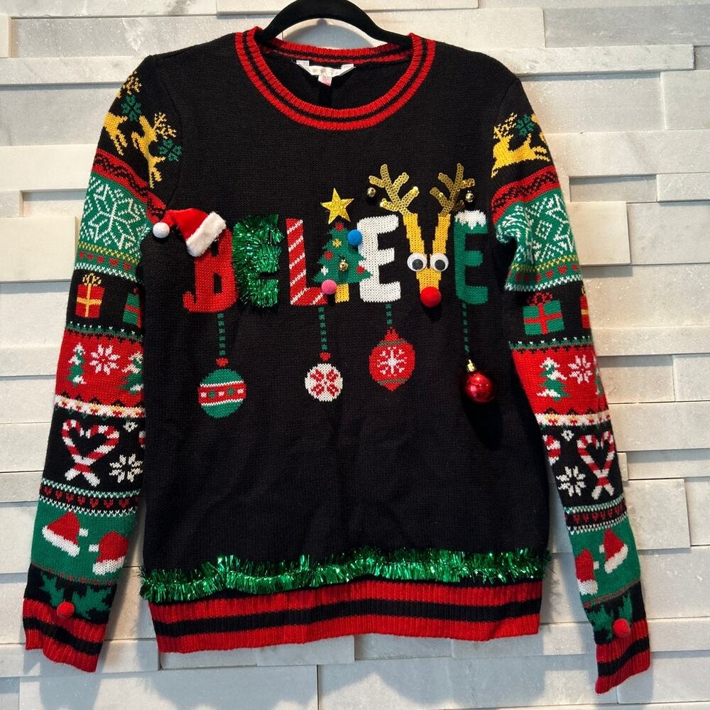 NO BOUNDARIES Ugly Christmas Sweater BELIEVE Rudolph 3D Garland Ornament Bells L